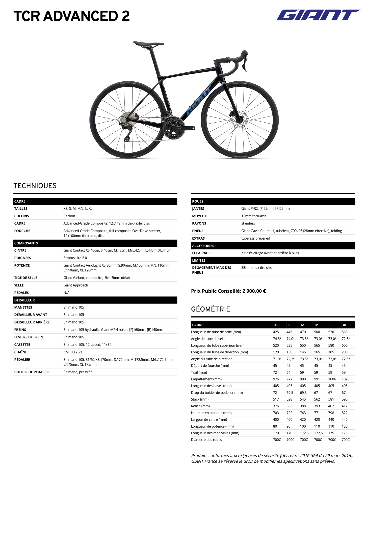 Fiche technique du velo TCR Advanced 2 année 2025